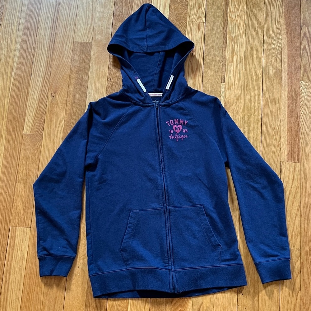 Girls Tommy Hilfiger Navy Zip Hoodie with Pink Logo XL